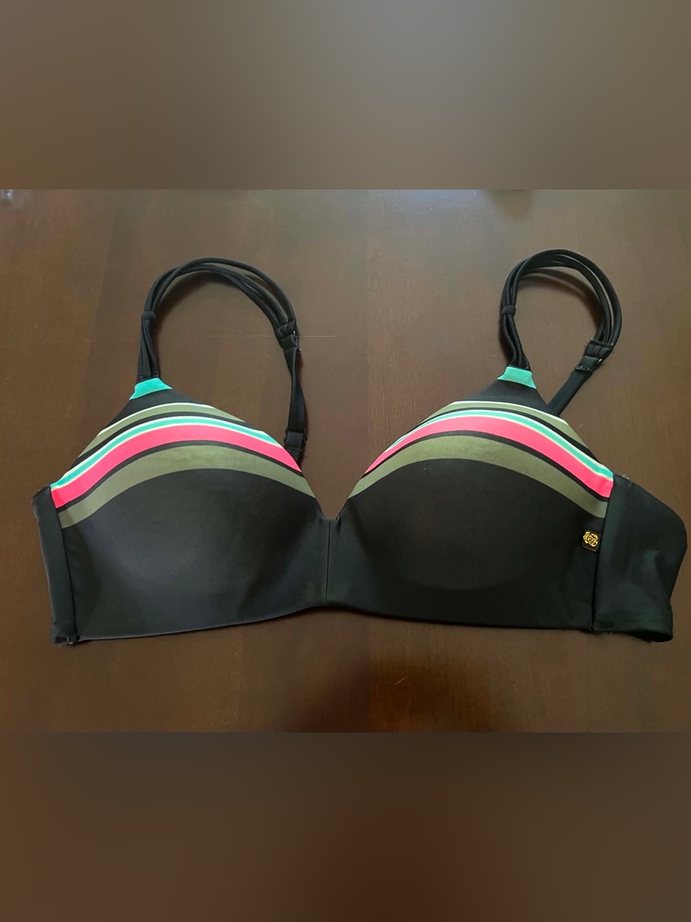 La Vie En Rose Striped Push-Up Bikini Top in Black, Pink & Teal